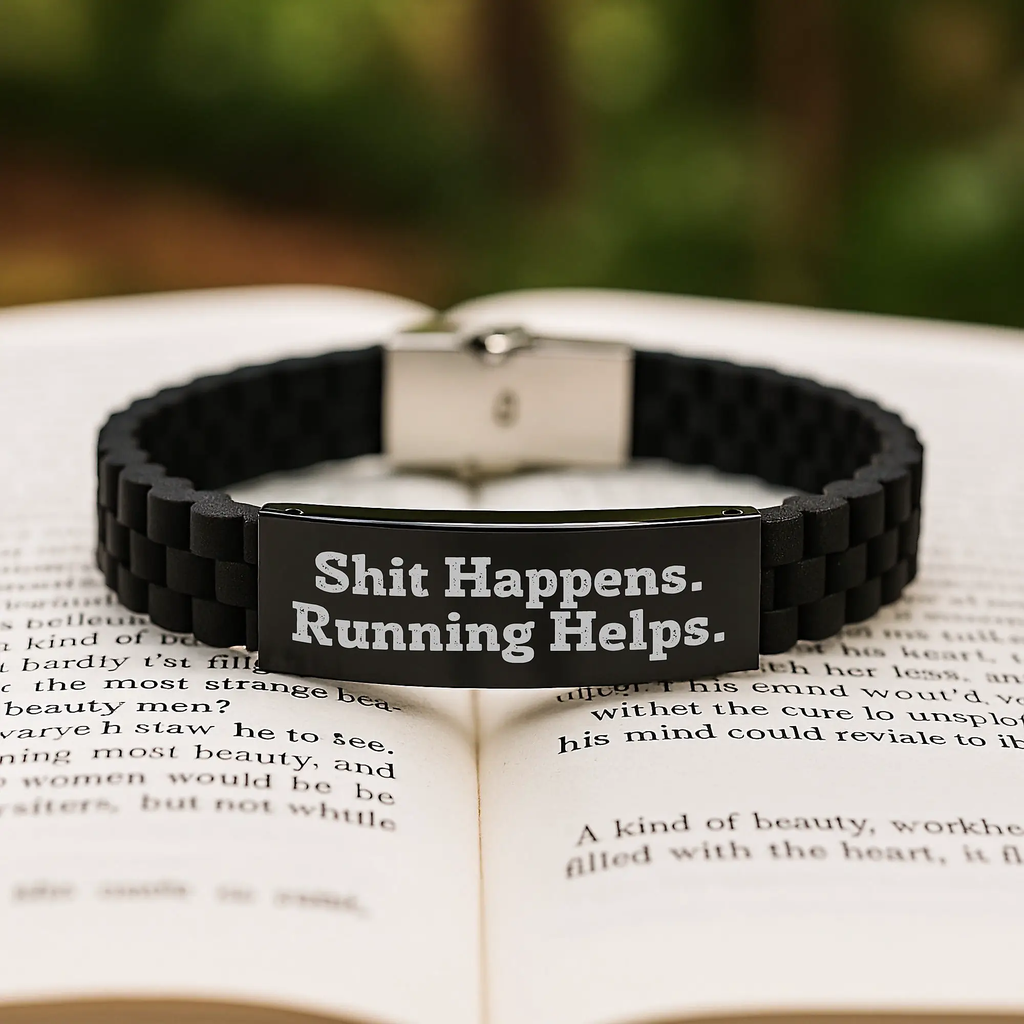 Funny Running Motivation Gifts for Men from Friends - 'Shit Happens. Running Helps.' Glide lock Clasp Bracelet, Adjustable Running Accessory for Men's Graduation Unique Gifts - Image 2