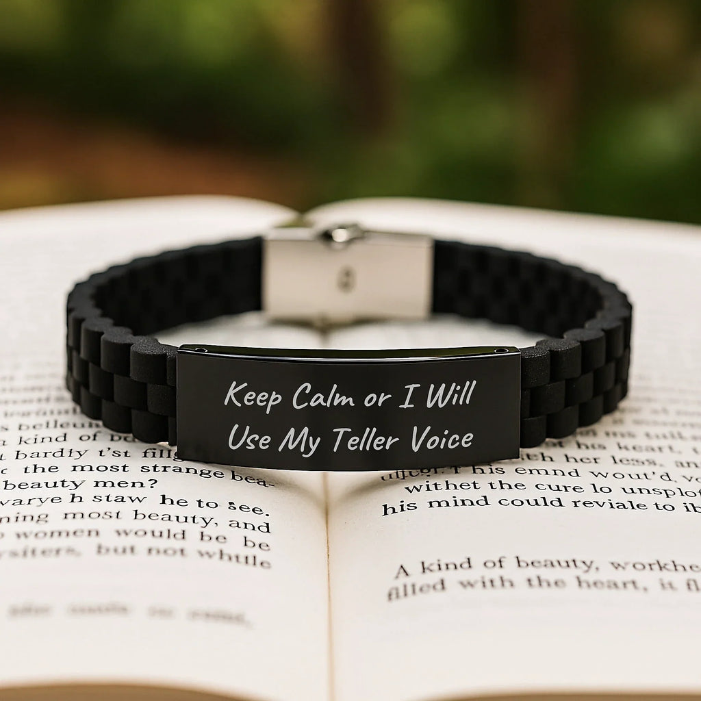 Funny Teller Gifts for Men Women Friends, Funny Valentine's Unique Gifts from Husband, Teller Lover Glide lock Clasp Bracelet with Funny Quote - 'Keep Calm Or I Will Use My Teller Voice'