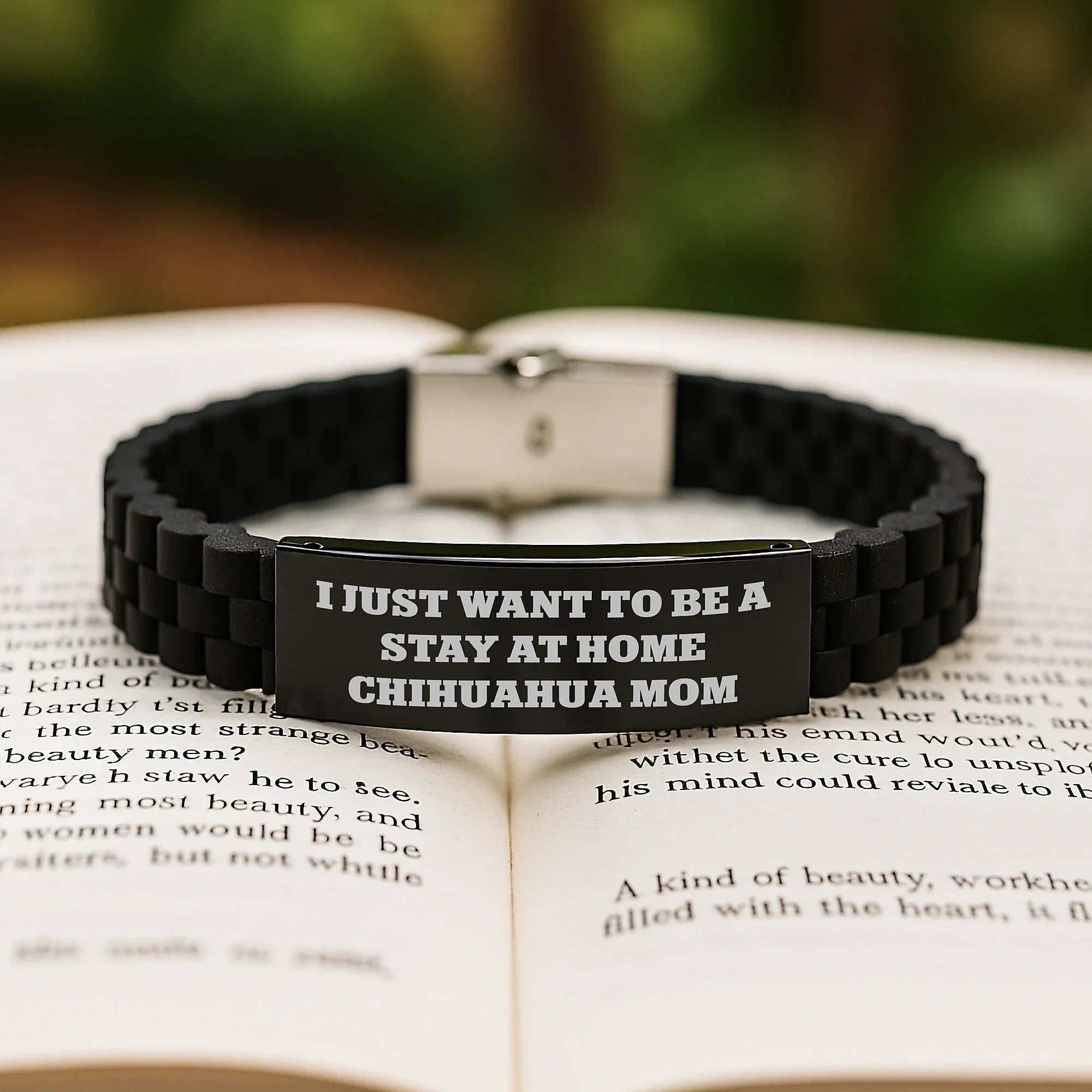 Chihuahua Dog Mom Funny Gift, Glide lock Clasp Black Stainless Steel Adjustable Birthday Present from Friends to Chihuahua Dog Lovers, I Just Want To Be A Stay At Home Chihuahua Mom