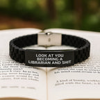 Librarian Gifts from Friends Funny Quote Glide lock Clasp Birthday Unique, Gifts for Librarian Men Women Friends Coworkers Family, Adjustable Black Stainless Steel Silicone