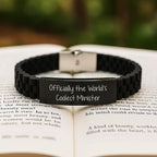 Funny 'Officially The World's Coolest Minister' Gifts for Minister Men Black Glide lock Clasp Bracelet from Friends