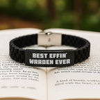 Funny Warden Gifts from Friends, Best Effin' Warden Ever Glide lock Clasp Bracelet for Him, Black Stainless Steel Christmas Unique Presents