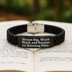 Pilot Gifts for Men - Inspirational Quote Glide lock Clasp Bracelet, Black Stainless Steel with Silicone, Adjustable, Valentine's Unique Gifts from Friends