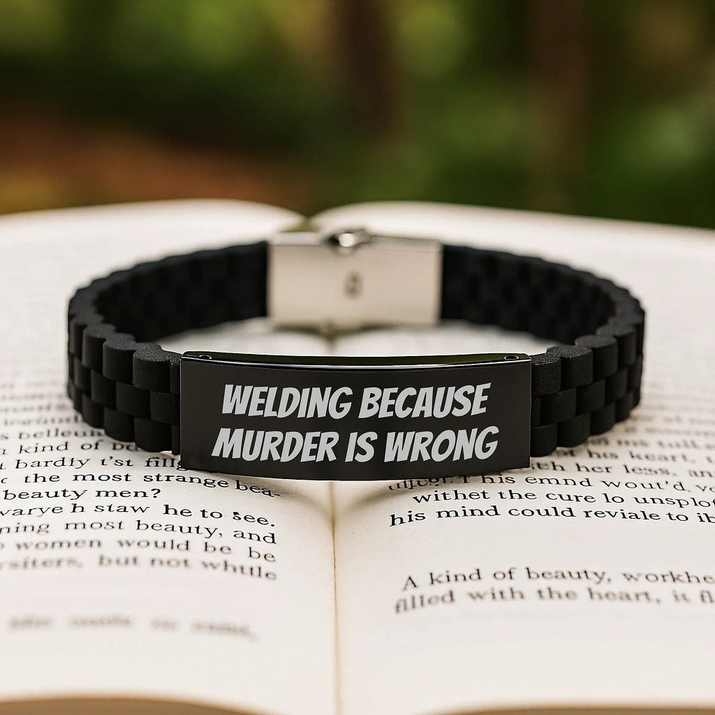 Funny Welding Gifts from Friends for Men - Glide lock Clasp Bracelet - Black Stainless Steel with Silicone - Christmas Unique Ideas