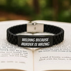 Funny Welding Gifts from Friends for Men - Glide lock Clasp Bracelet - Black Stainless Steel with Silicone - Christmas Unique Ideas