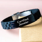 Unique Gifts from Certified Jeweler for Men Glide lock Clasp Bracelet, Funny Quote, Silver Black Stainless Steel Silicone, Perfect for Christmas