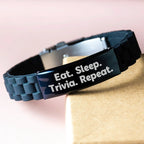 Funny Trivia Gifts for Trivia Lovers from Family, Men, Women, Friends, Coworkers this Christmas Season - Eat. Sleep. Trivia. Repeat. Trivia Glide lock Clasp Bracelet