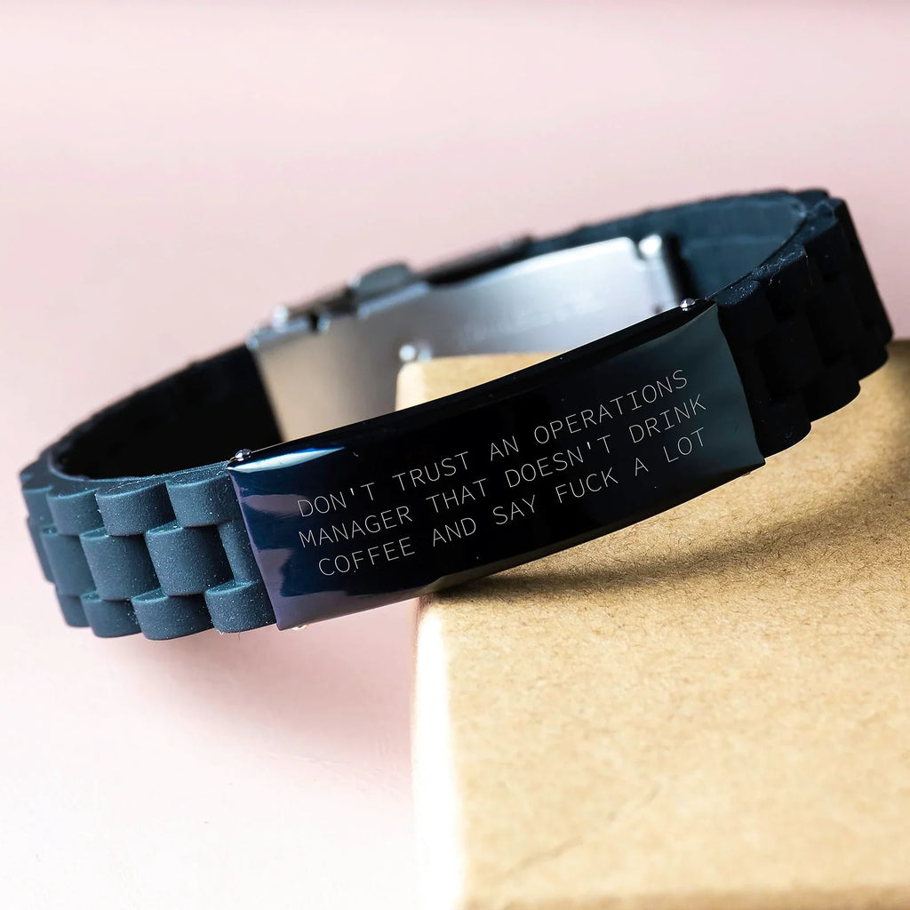 Funny Operations Manager Gifts for Men, 'Don't Trust An Operations Manager That Doesn't Drink Coffee And Say F--k A Lot' Black Glide lock Clasp Bracelet, Christmas Unique Gifts from Friends