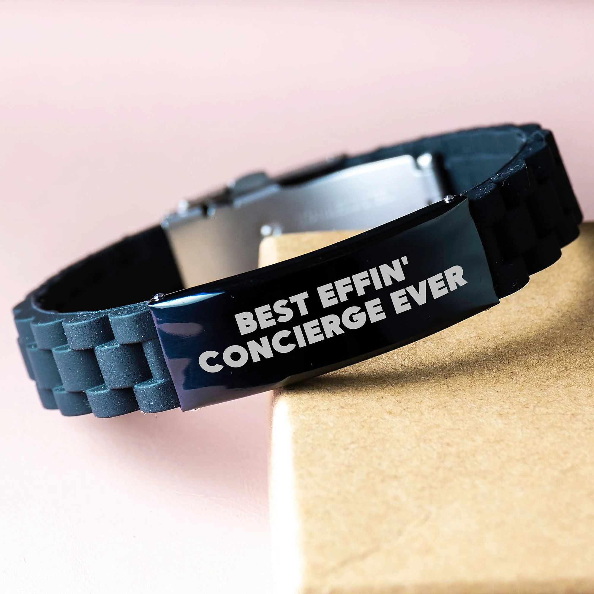 Gifts from Concierge Enthusiasts for Men, 'Best Effin' Concierge Ever' Glide lock Clasp Black Bracelet, Christmas Unique Gifts