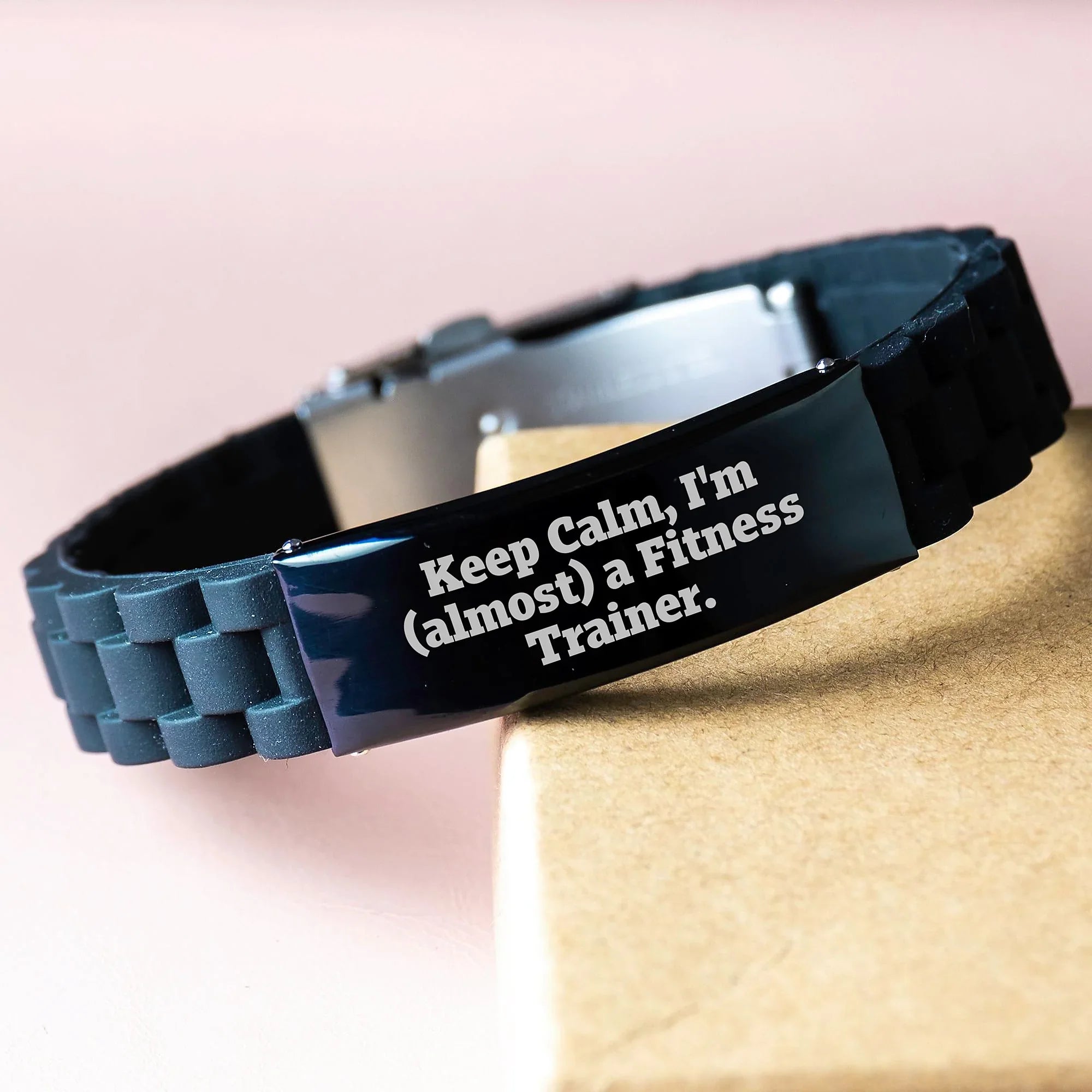Funny Fitness Trainer Gift for Men, 'Keep Calm I'm Almost a Fitness Trainer' Glide lock Clasp Bracelet for Christmas Unique Gifts from Friends, Coworkers, Family