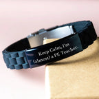 Funny PE Teacher Gifts for Men - Christmas Unique Gifts from Friends - 'Keep Calm, I'm (almost) A Pe Teacher' Glide lock Clasp Bracelet
