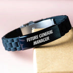 Funny General Manager Gifts from Friends for Future Leaders Glide lock Clasp Birthday, Inspirational Quote, Adjustable Silver Black Stainless Steel Silicone, Premium Bag