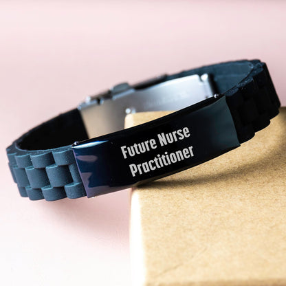 Inspirational Future Nurse Practitioner Gifts from Friends for Birthday - Glide lock Clasp Adjustable Silver, Black Stainless Steel, and Silicone Black Color 9.05-inch Bracelet - Image 3
