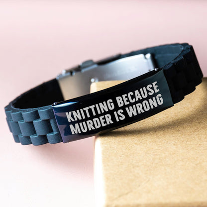 Funny Knitting Gifts from Friends for Women, Glide lock Clasp Bracelet Christmas Unique Ideas, Knitting Because Murder is Wrong Quote - Image 3