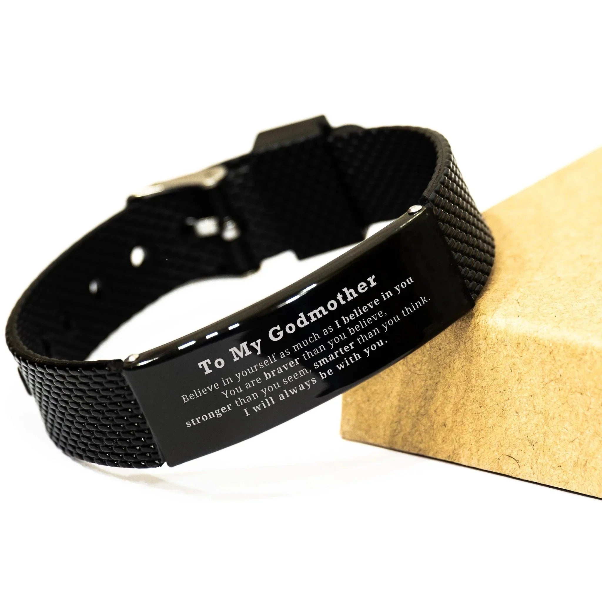 Godmother Black Glidelock Clasp Bracelet - You are braver than you believe, stronger than you seem, Inspirational Birthday Christmas Mother's Day Gifts
