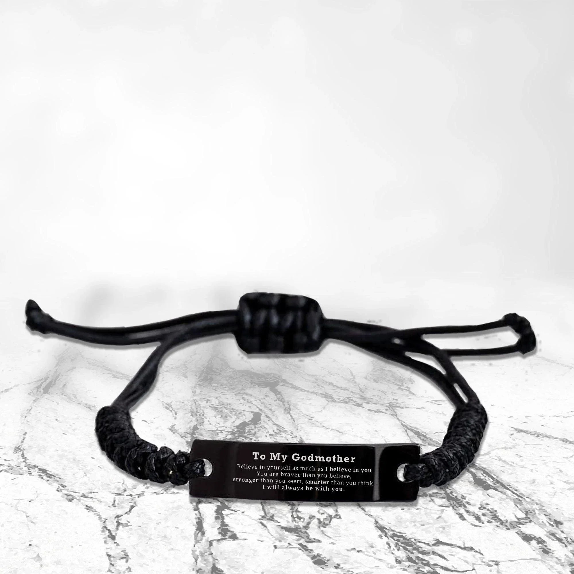 Godmother Black Rope Bracelet - You are braver than you believe, stronger than you seem, Inspirational Birthday Christmas Mother's Day Gifts