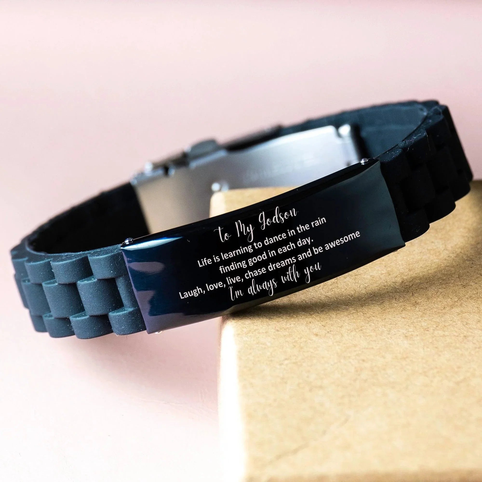 Godson Black Glidelock Clasp Bracelet, Motivational Birthday Gifts For Godson, To My Godson Life is learning to dance in the rain,.