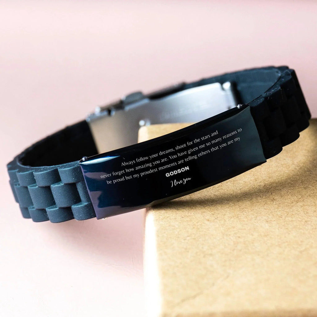 Godson Black Glidelock Clasp Engraved Bracelet, Godson Always follow your dreams, never forget how amazing you are, Birthday Christmas Gifts