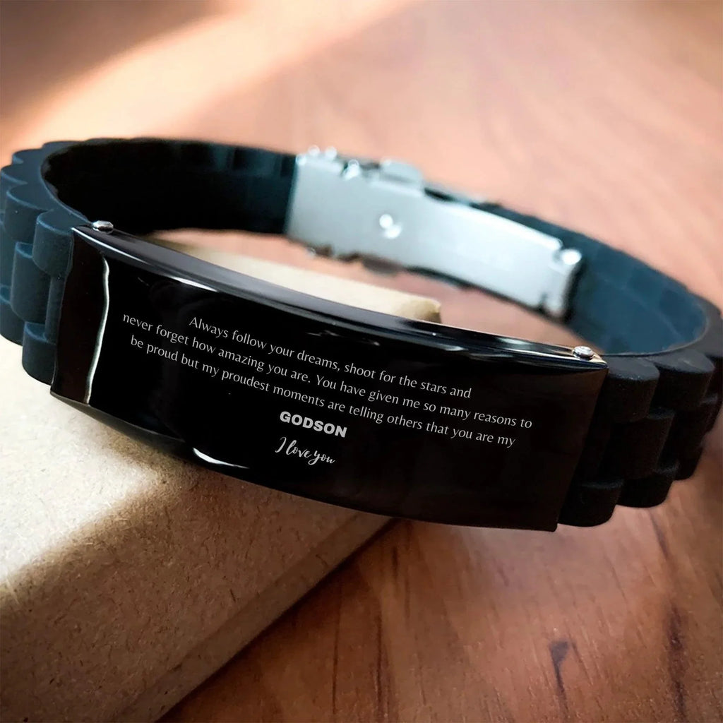 Godson Black Glidelock Clasp Engraved Bracelet, Godson Always follow your dreams, never forget how amazing you are, Birthday Christmas Gifts