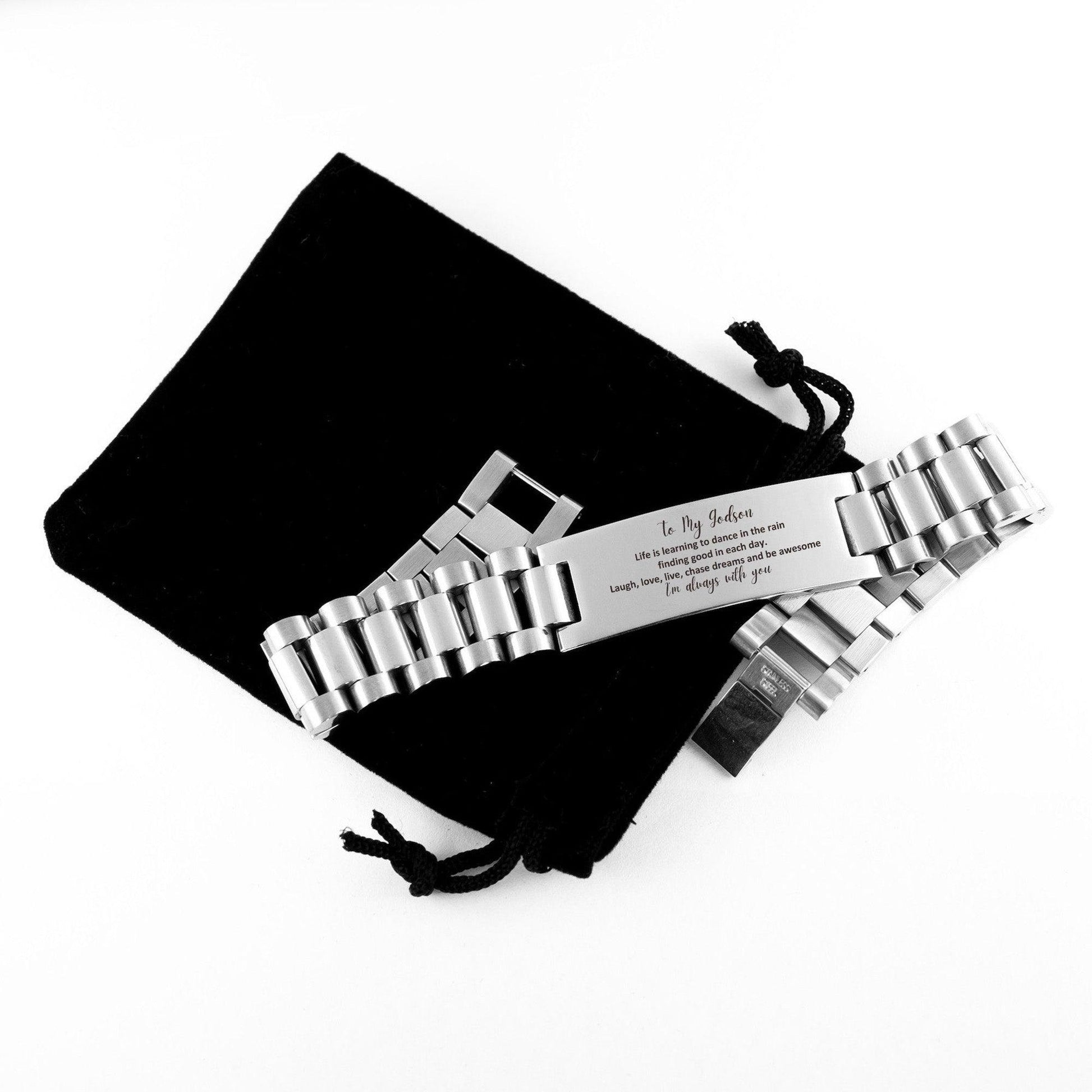 Godson Ladder Stainless Steel Engraved Bracelet, Motivational Christmas, Birthday Gifts - Life is learning to dance in the rain, finding good in each day. I'm always with you - Mallard Moon Gift Shop