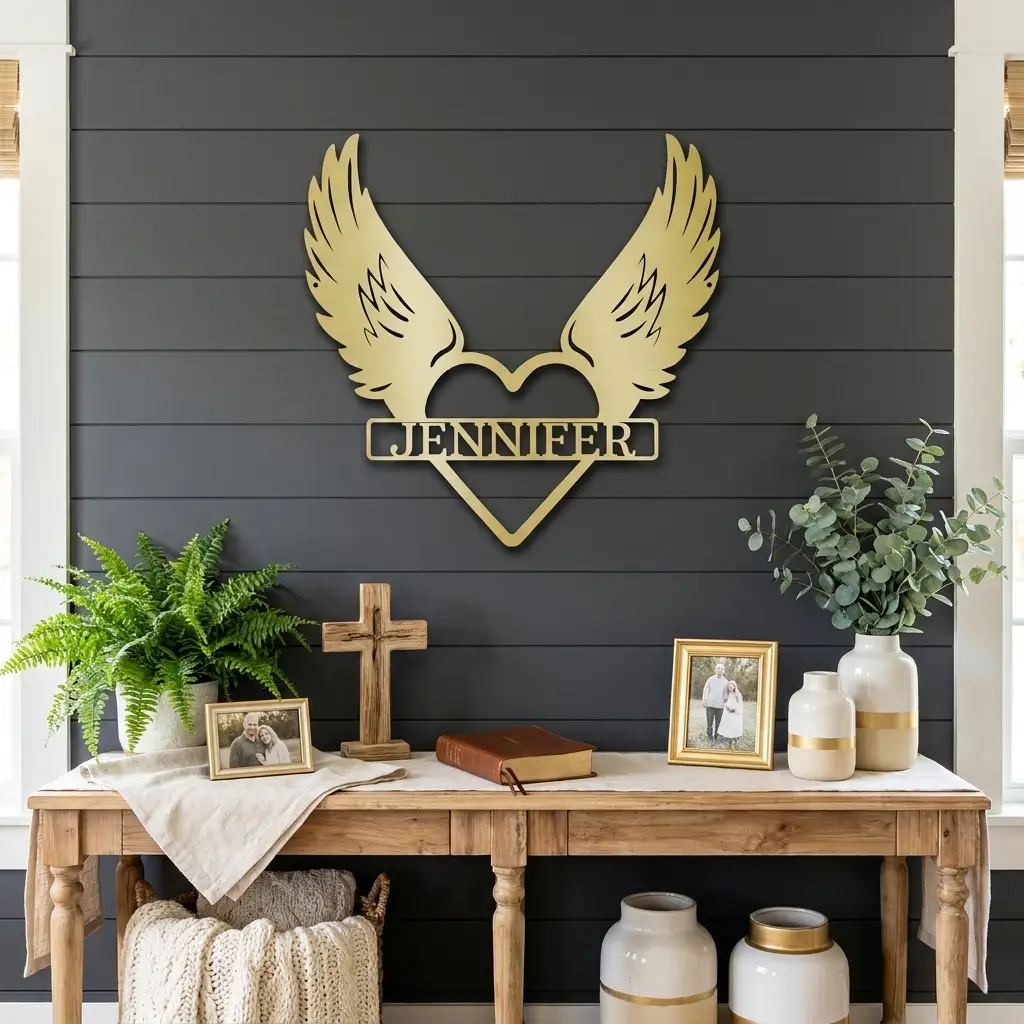 Personalized Angel Wings Memorial Metal Sign | Custom Christian Remembrance Wall Decor | Sympathy Gift | Memorial Heart Metal Art | In Loving Memory | Made in USA