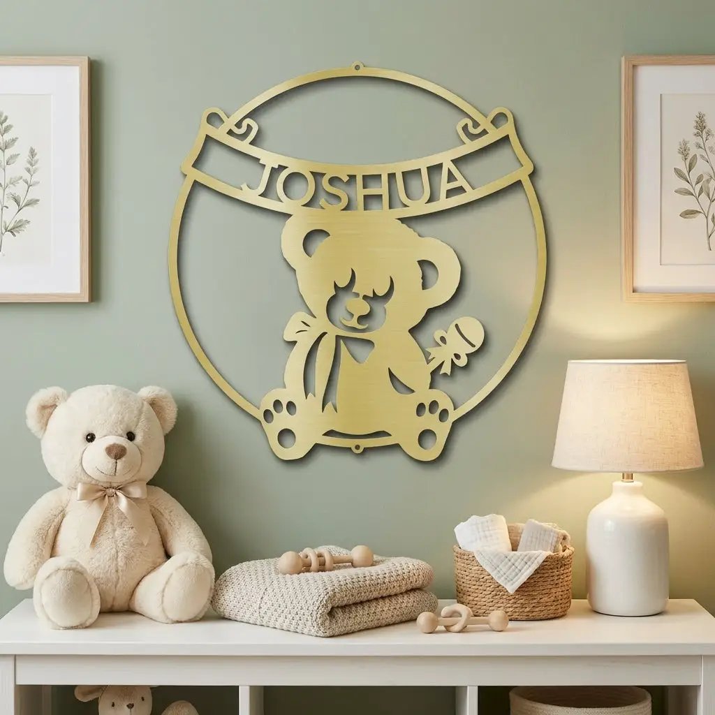 Personalized Baby Name Teddy Bear Metal Wall Art – Custom Nursery Name Sign – Laser Cut Steel Baby Room Decor – Baby Shower Gift