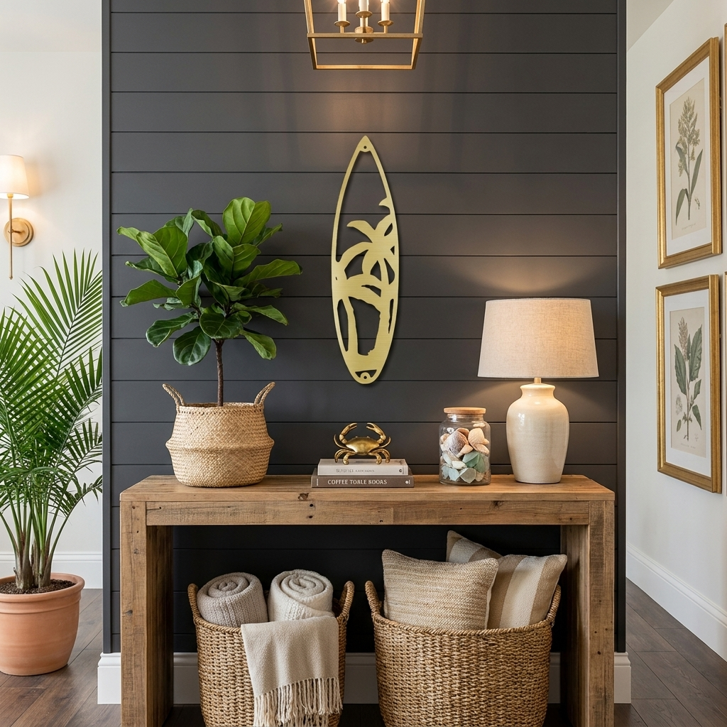 Palm Tree Surfboard Metal Wall Art | Tropical Coastal Beach Decor | Surfboard Shaped Metal Wall Hanging | Island & Ocean Home Decor | Made in USA