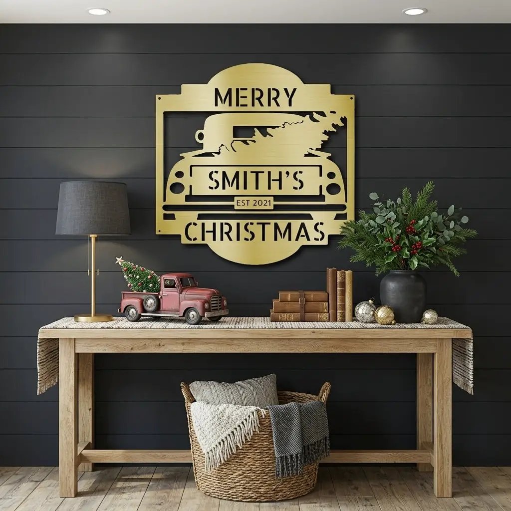 Christmas Truck Personalized Metal Wall Sign | Custom Family Holiday Wall Art | Vintage Truck Christmas Decor | Personalized Name & Year Metal Sign | Made in USA