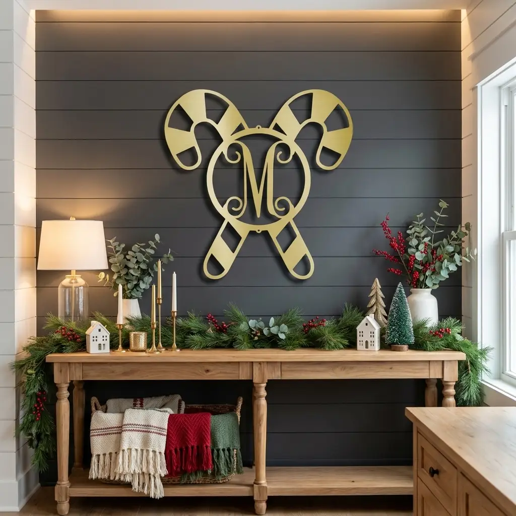 Personalized Candy Cane Monogram Metal Wall Art – Custom Initial Christmas Sign – Holiday Steel Décor (5 Sizes, 5 Colors)