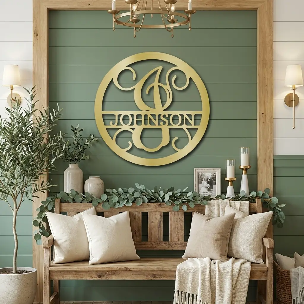 Circle Vine Monogram Personalized Name Indoor Outdoor Steel Wall Sign Metal Art
