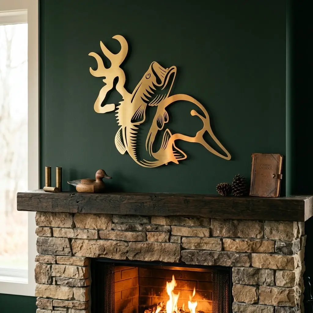 Hunting & Fishing Metal Wall Art – Deer, Duck and Bass Rustic Steel Sign
