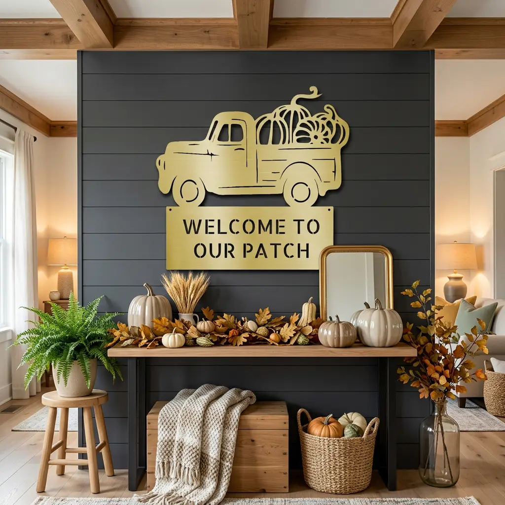 Personalized Vintage Pumpkin Truck Metal Wall Art | Custom Fall Harvest Sign | Farmhouse Autumn Decor | Welcome Pumpkin Patch Sign | Rustic Thanksgiving Wall Decor | Made in USA