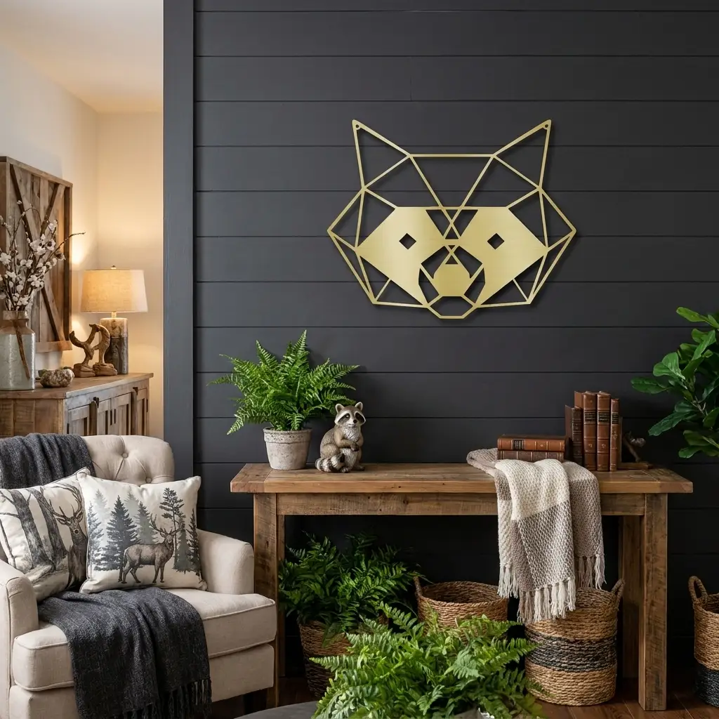 Geometric Raccoon Metal Wall Art – Modern Wildlife Steel Sign, Rustic Cabin Decor, Forest Animal Wall Hanging, Laser Cut Metal Art 12"–36"