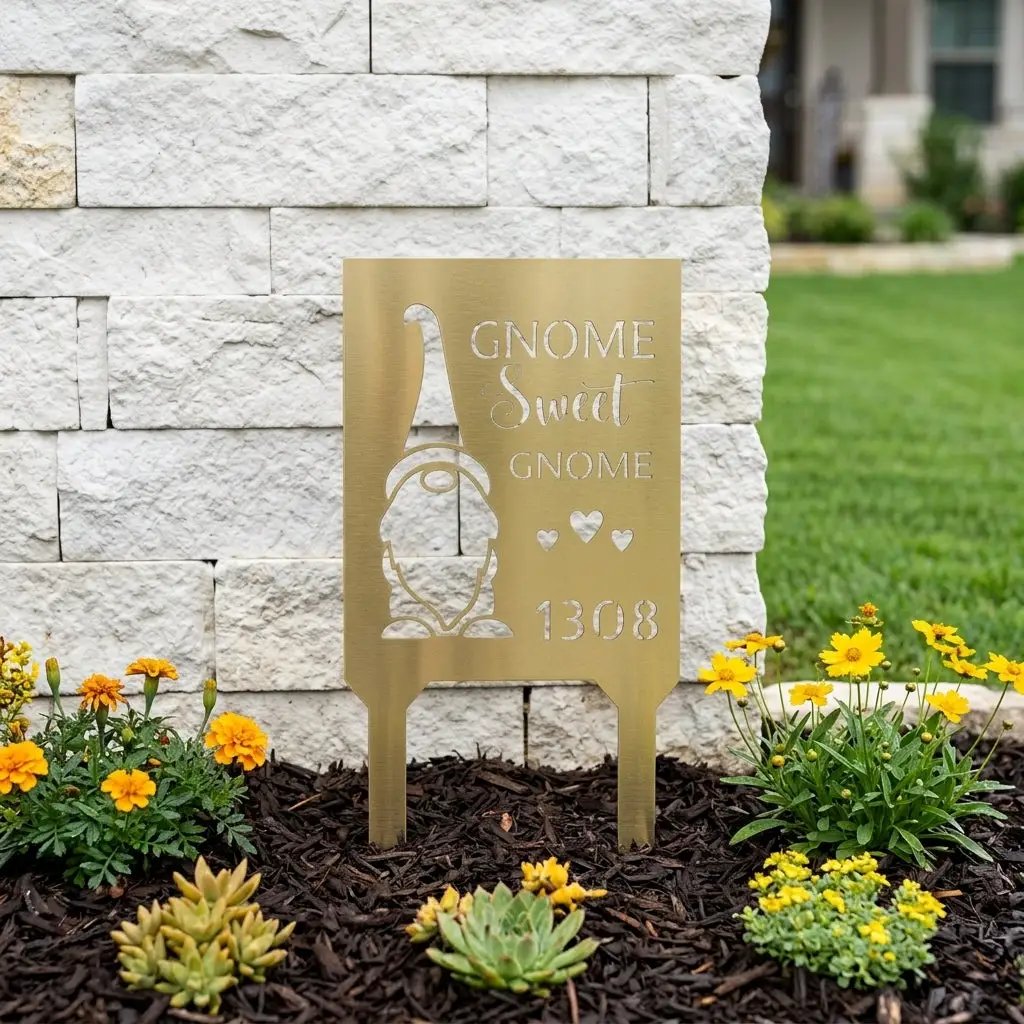 Personalized Gnome Sweet Gnome Address Sign | Custom Metal House Number Sign | Gnome Welcome Wall Decor | Outdoor Address Plaque | Made in USA
