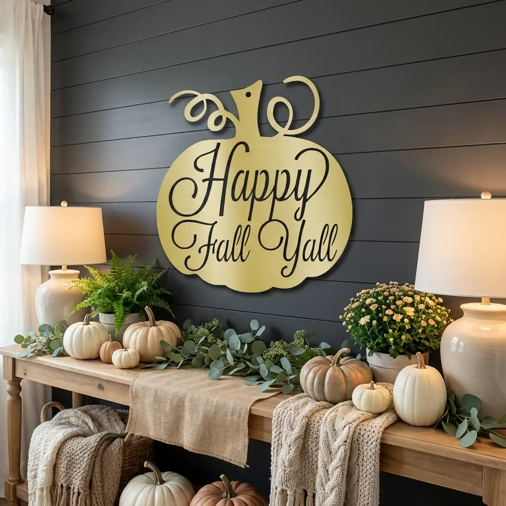Happy Fall Y'all Pumpkin Metal Wall Art | Autumn Pumpkin Wall Decor | Rustic Farmhouse Fall Sign | Thanksgiving Porch & Entryway Decor | Seasonal Metal Wall Hanging | Made in USA