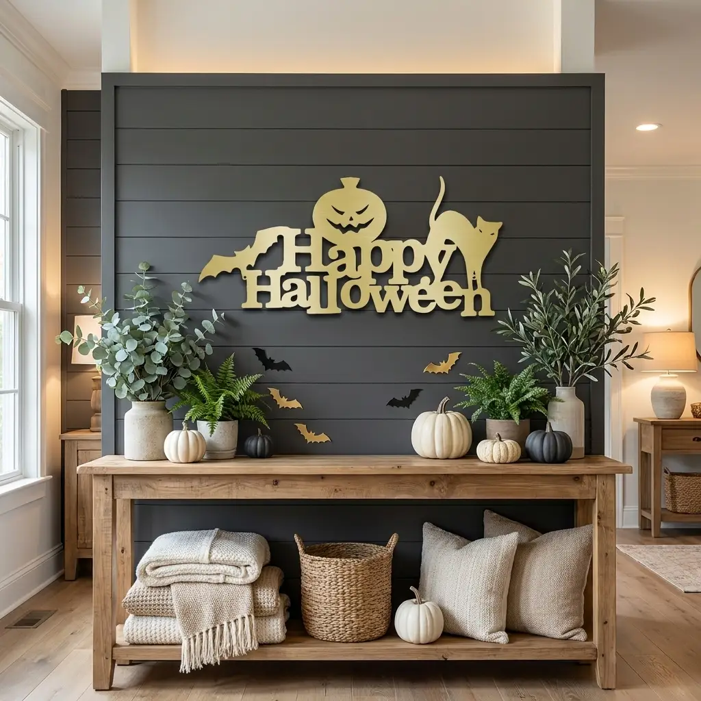 Happy Halloween Metal Wall Art Sign – Pumpkin Bat Cat Halloween Decor – Outdoor Powder Coated Steel Sign – Spooky Farmhouse Porch Decor