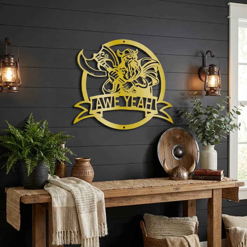 Fighting Viking Monogram Personalized Name Indoor Outdoor Steel Wall Sign Metal Man Cave Art