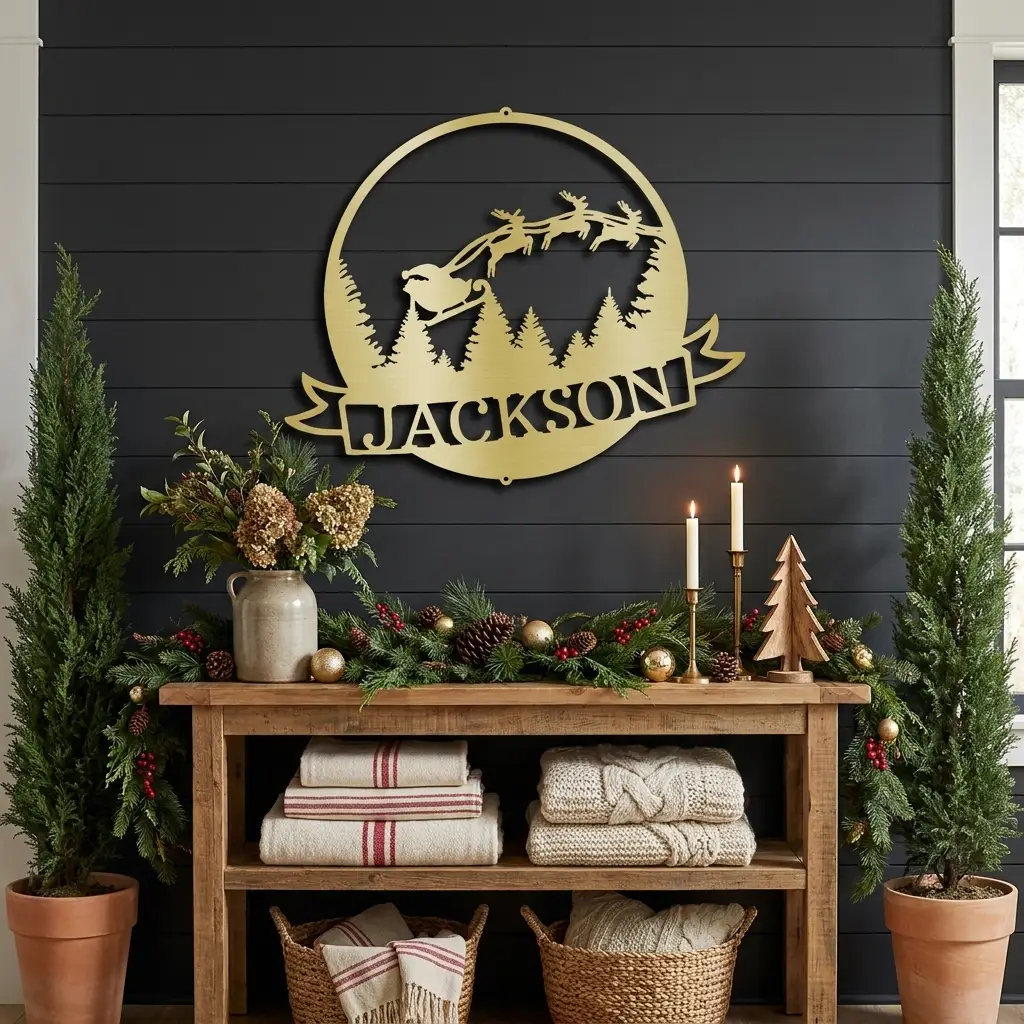 Personalized Santa Sleigh Flying Through Sky Metal Wall Art – Custom Family Name Banner Christmas Sign – Holiday Steel Décor (5 Sizes, 5 Colors)