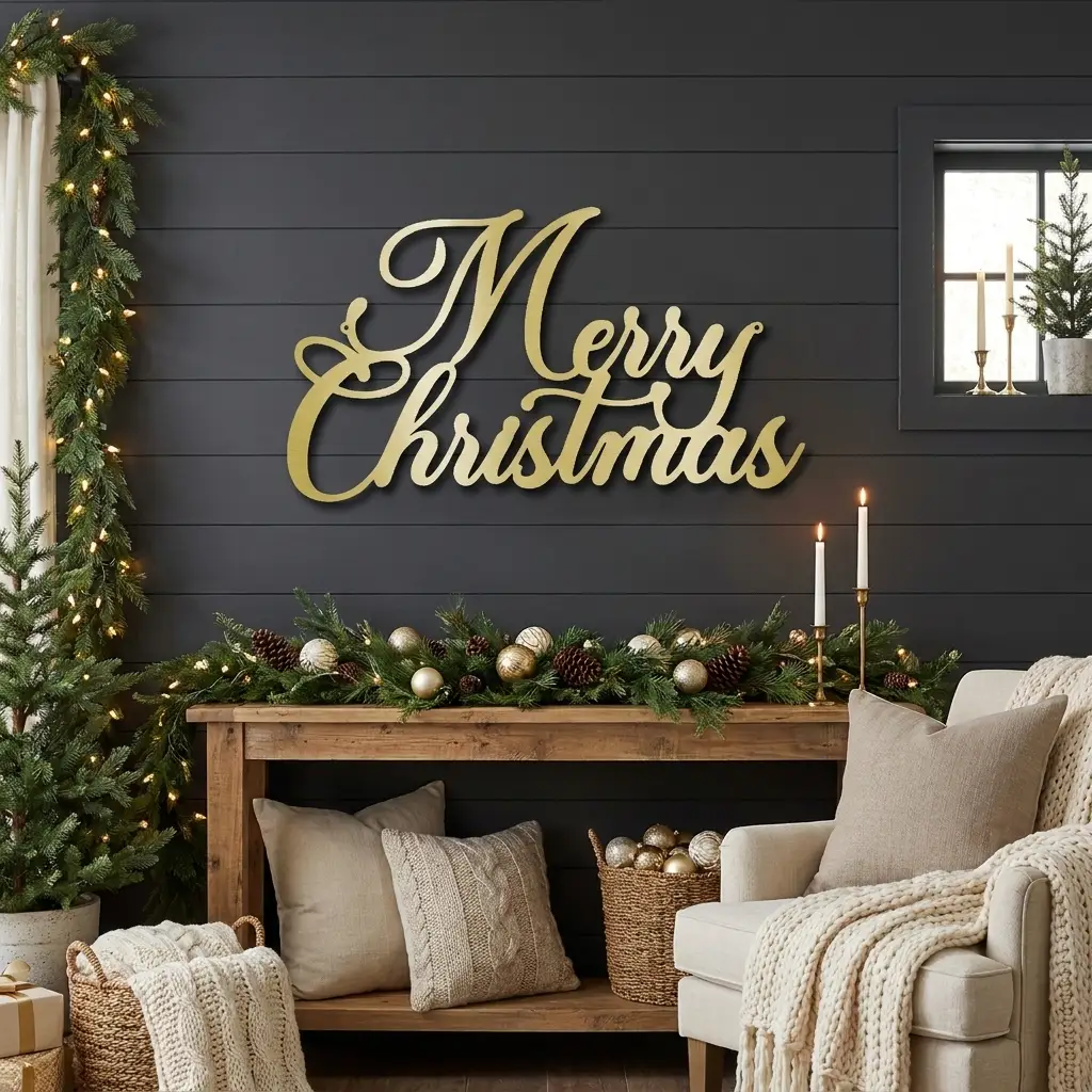 Merry Christmas Script Lettering Metal Wall Sign