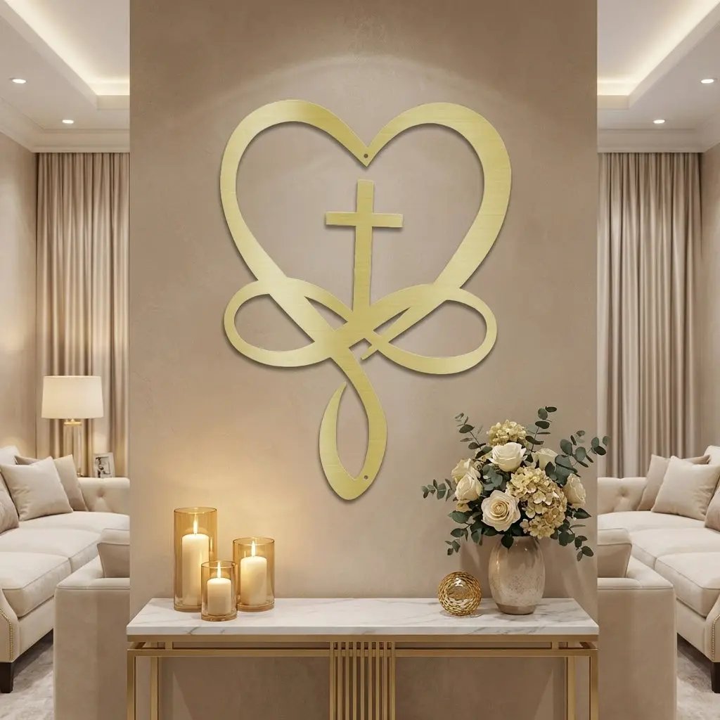 Love Infinity Cross Metal Wall Art – Christian Faith Decor, Heart Cross Sign, Religious Home Decor, Laser Cut Steel Wall Hanging, Gift for Christian Family