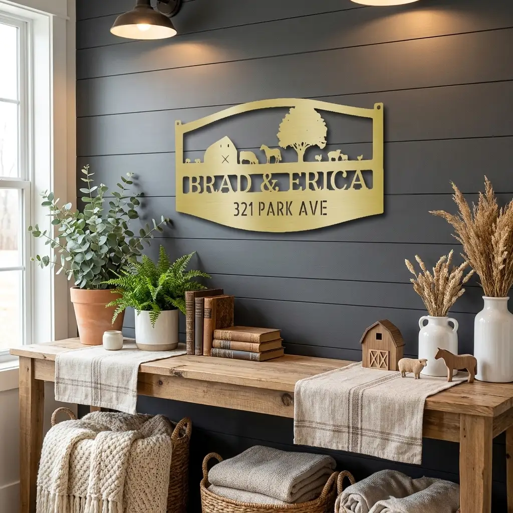 Farm Scene Custom Name Indoor Outdoor Monogram Steel Wall Sign