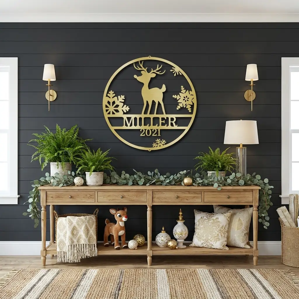 Rudolph Reindeer Christmas Personalized Metal Sign | Custom Family Name & Year Holiday Wall Art | Reindeer Snowflake Metal Decor | Christmas Gift for Family