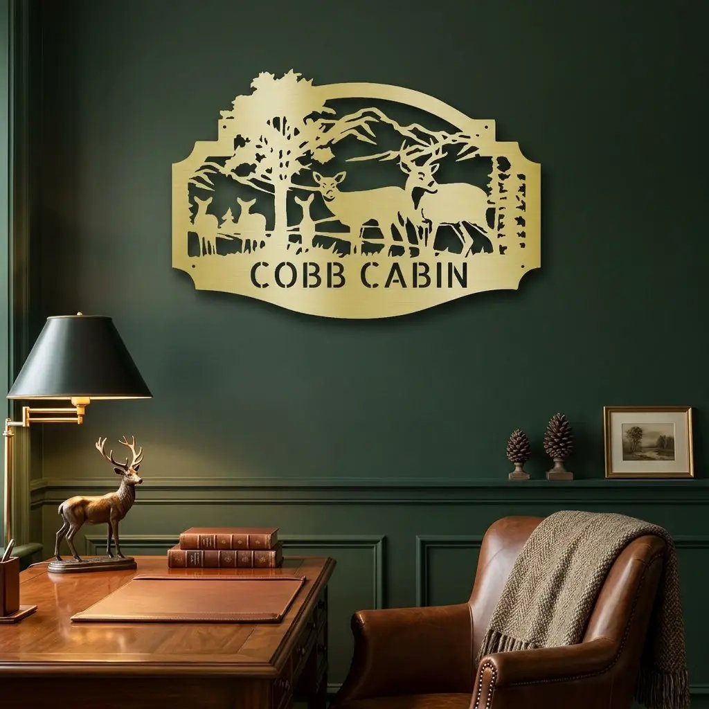 Personalized Deer Cabin Metal Wall Art – Rustic Family Name Sign – Hunting Lodge Decor – Custom Mountain Scene Steel Sign – Cabin Wall Decor Gift