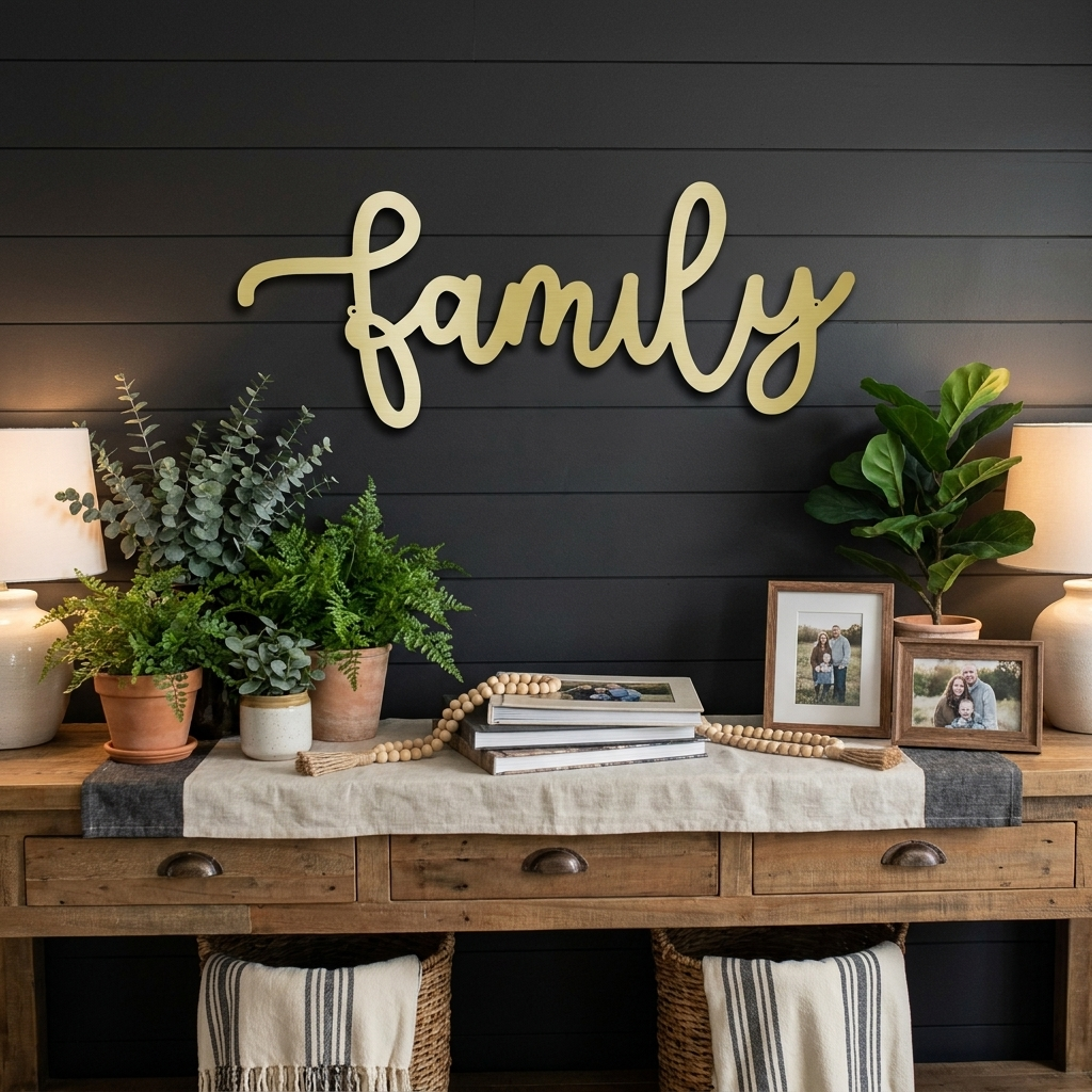 Family Script Metal Wall Art – Modern Farmhouse Decor – Minimalist Home Sign – Family Wall Decor