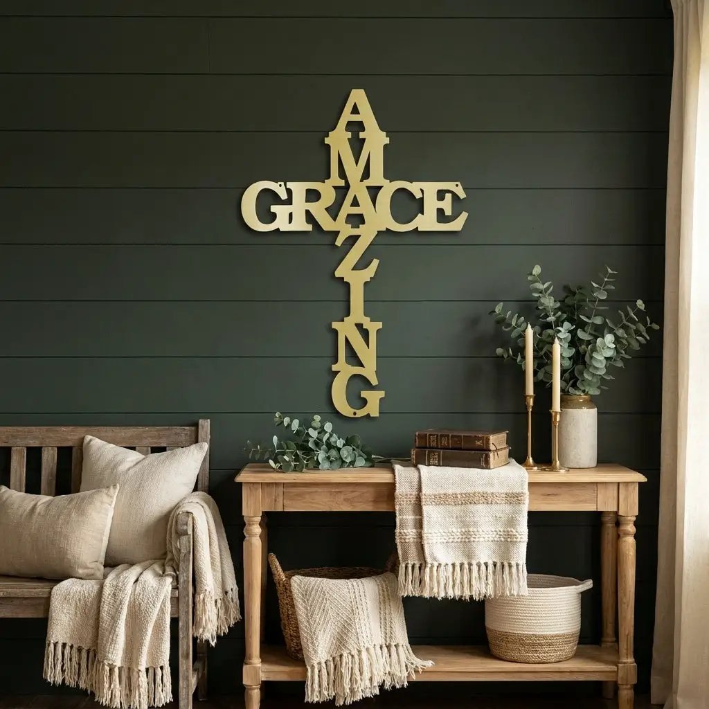Amazing Grace Cross Steel Wall Art – Christian Metal Cross Sign – Inspirational Faith Decor – Laser Cut Religious Wall Art