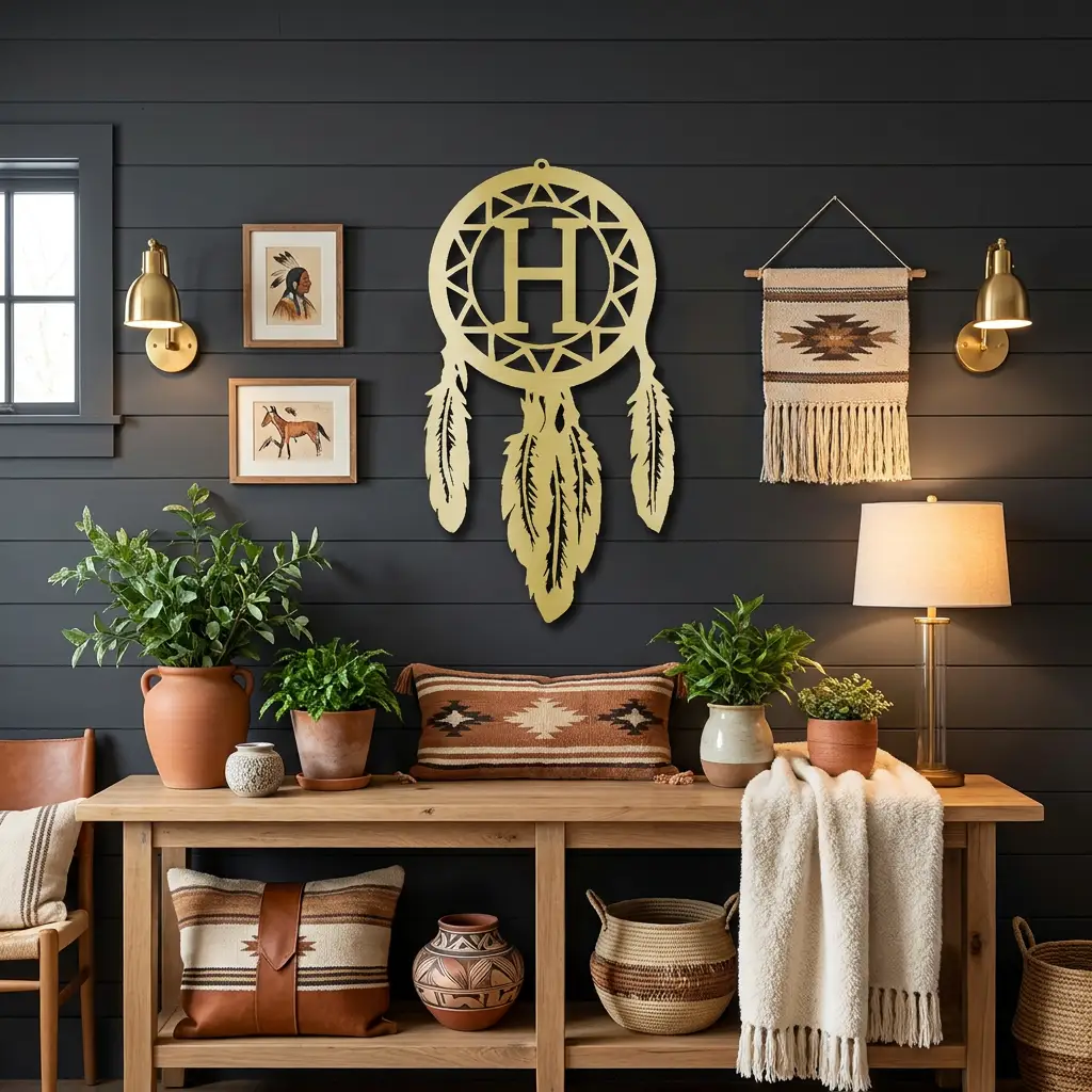 Personalized Dreamcatcher Metal Wall Art – Custom Initial Southwestern Feather Décor