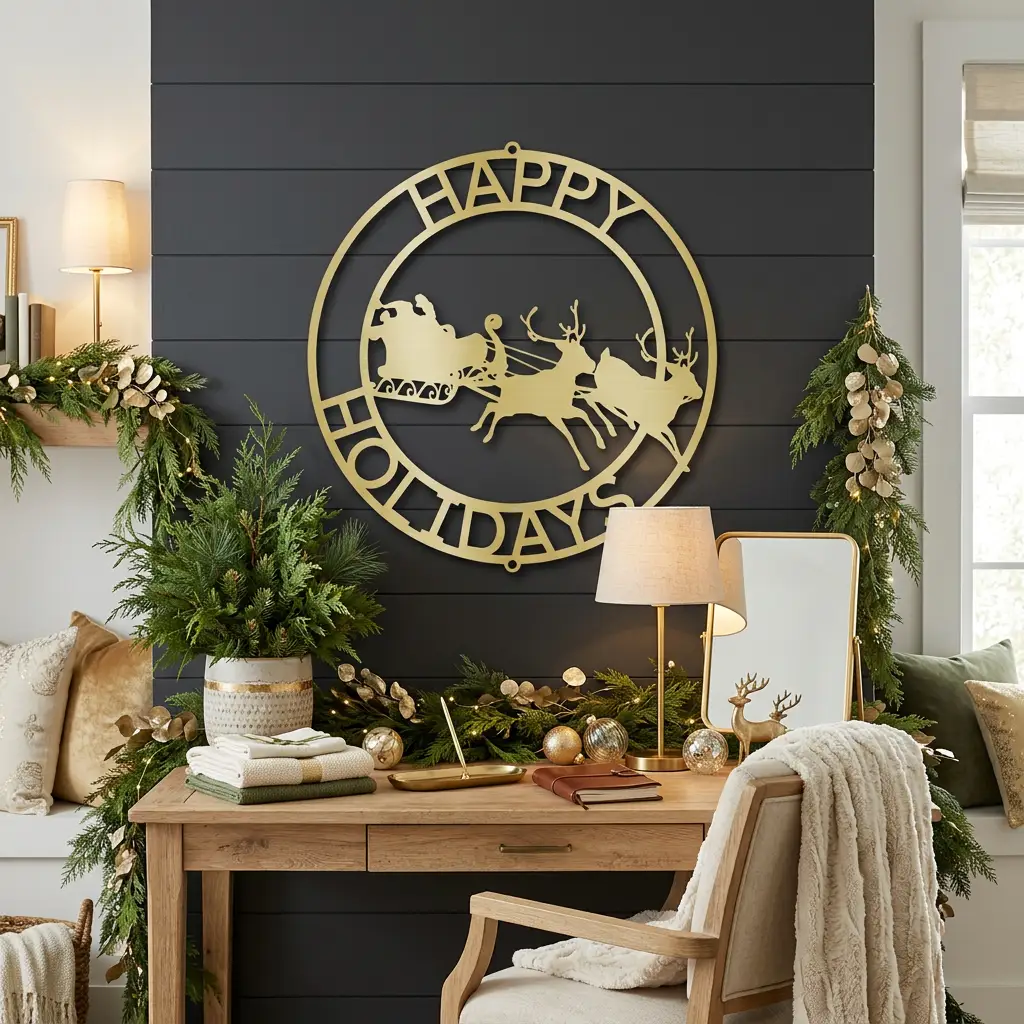 Personalized Santa Sleigh & Reindeer Metal Wall Art – Custom Family Name Christmas Sign – Handmade Steel Décor (5 Sizes, 5 Colors)