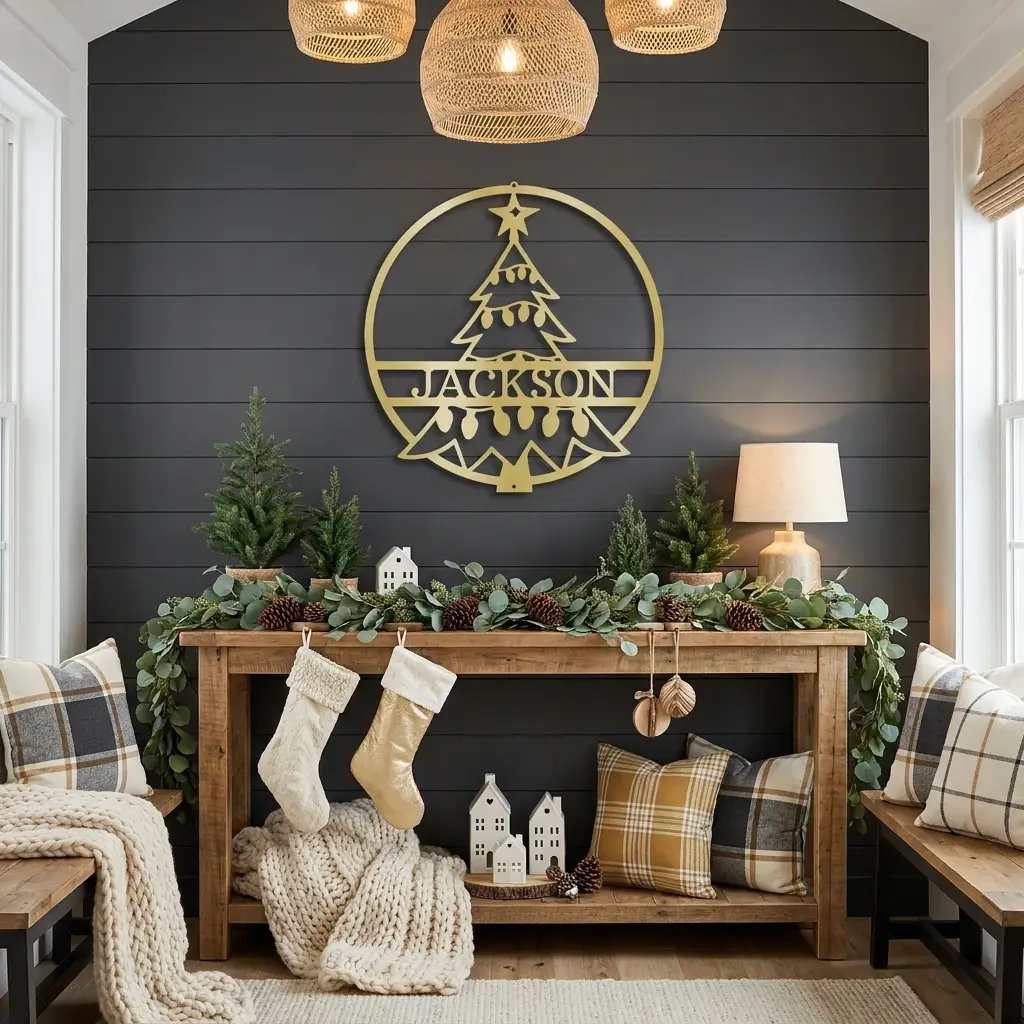 Personalized Christmas Tree Metal Wall Art – Custom Family Name Holiday Sign – Handmade Steel Décor (5 Sizes, 5 Colors)