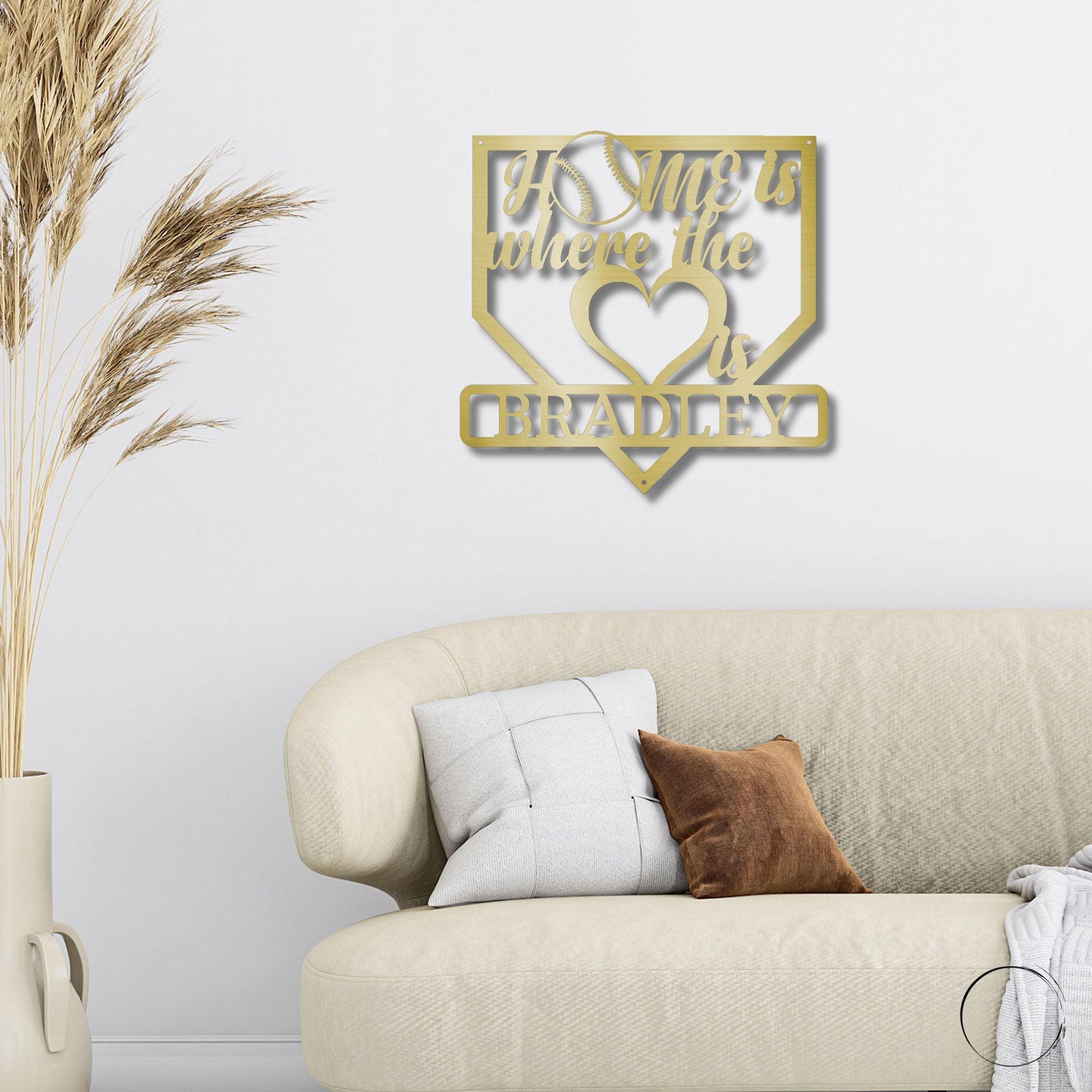 Baseball Home Is Where the Heart Is Custom Name Metal Art Wall Sign - Mallard Moon Gift Shop