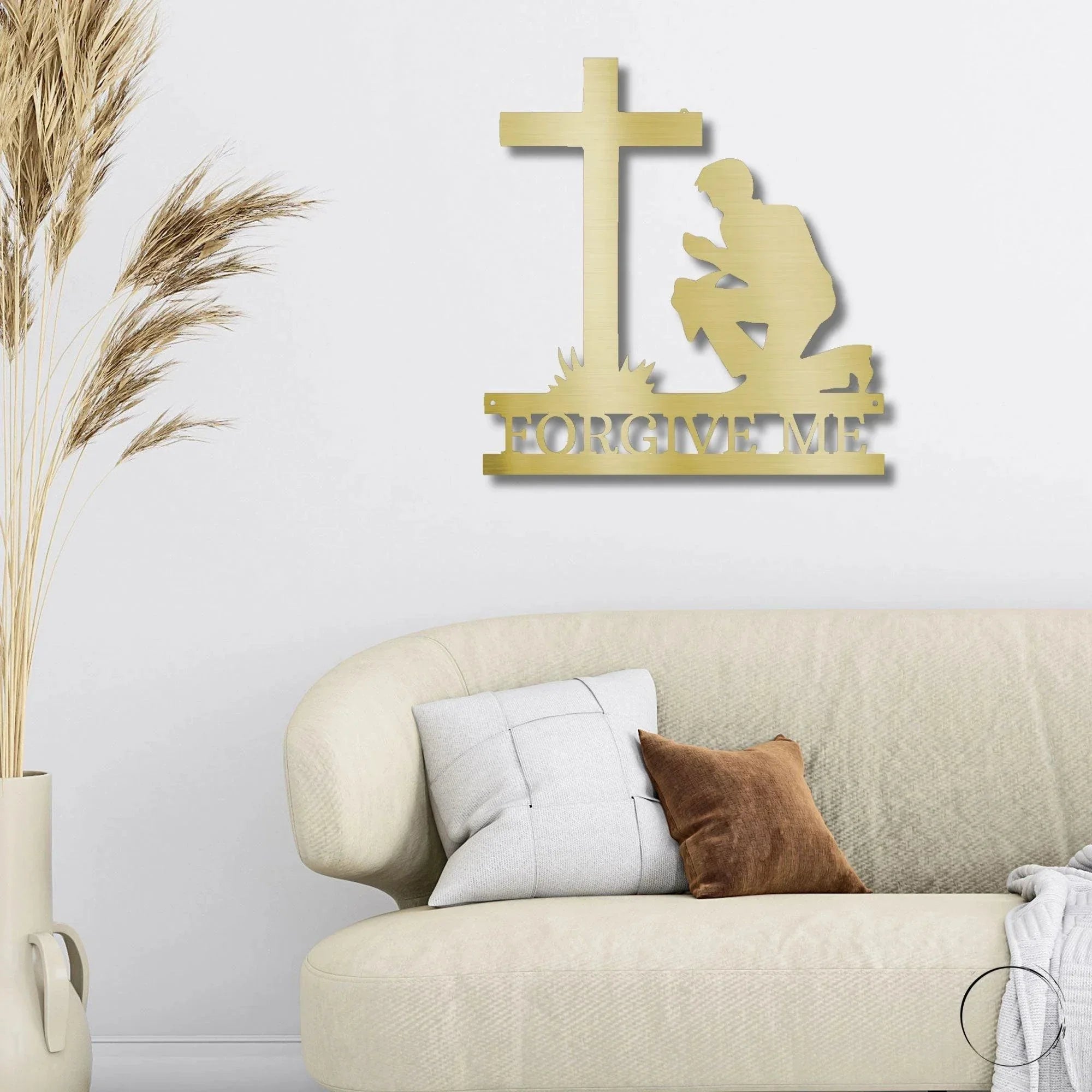 Praying Man Kneeling at Cross Spiritual Metal Art Wall Sign